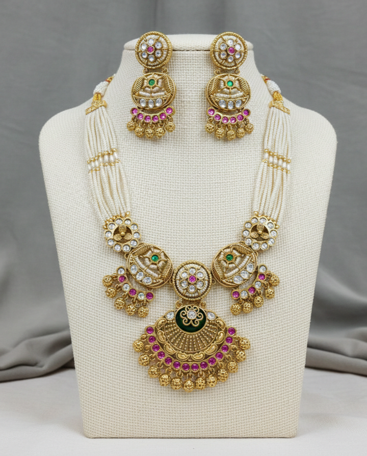 Antique Gold Kundan Pearl Strand Necklace Set with Pink & Green Stones