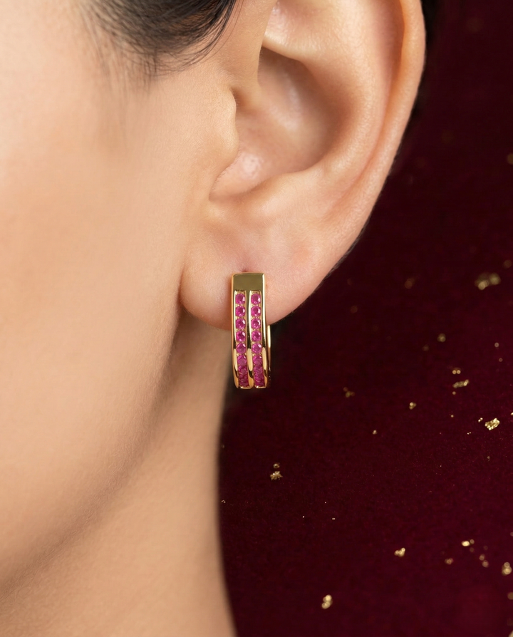 Minimal Ruby CZ Hoop Earrings – Gold Finish