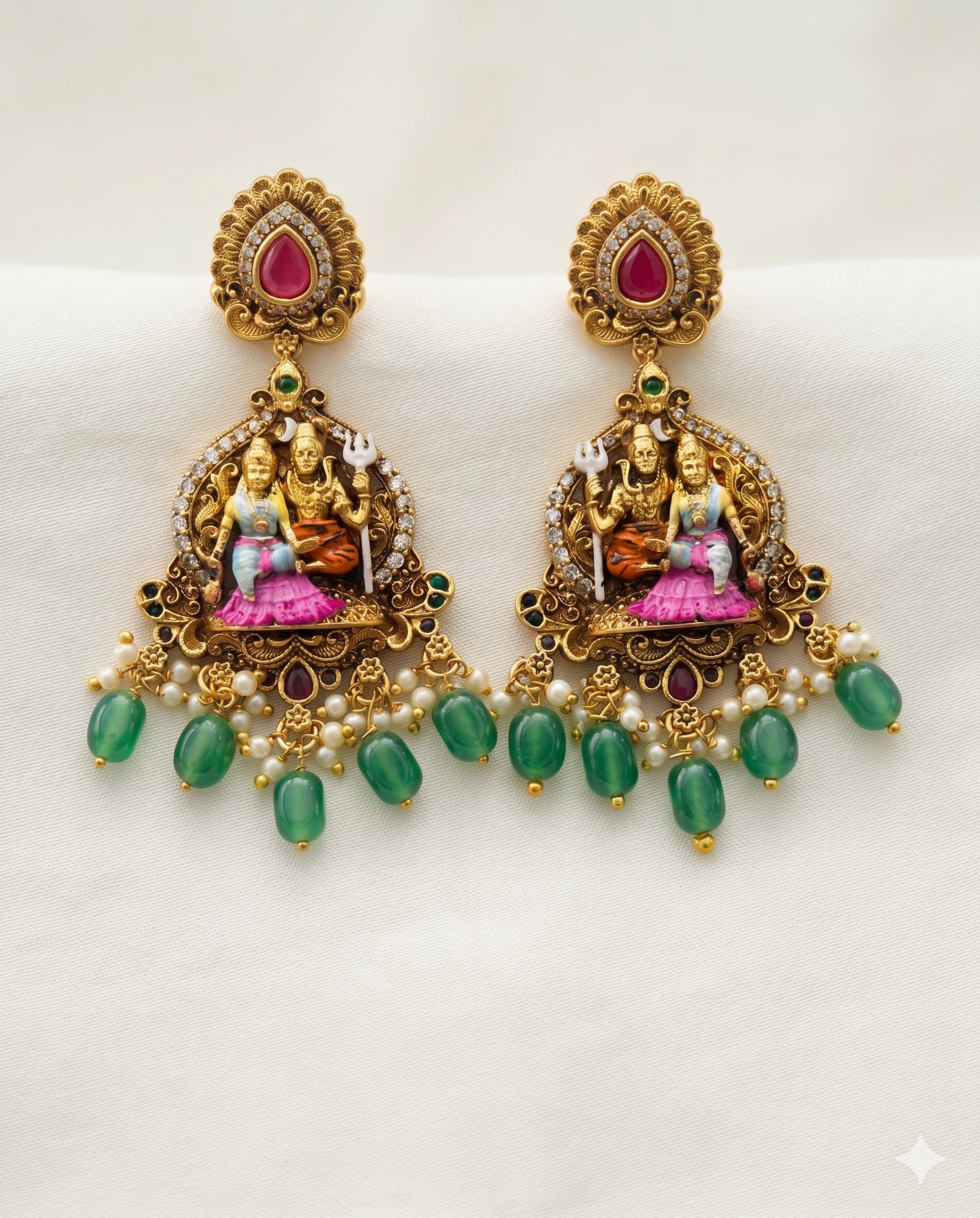 Antique Shiv Parvati Temple Necklace Set with Nandi Motif & Green Drops