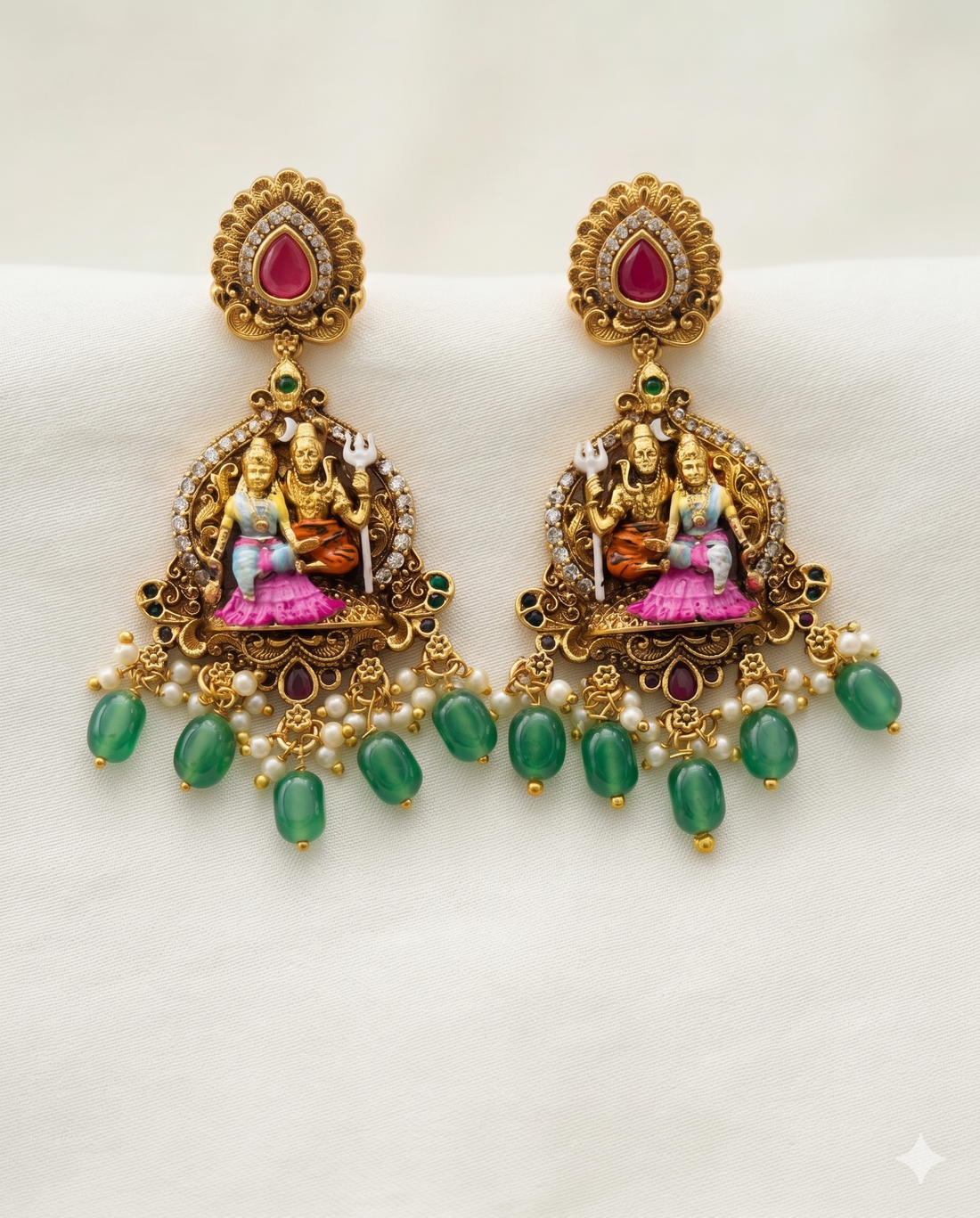 Antique Shiv Parvati Temple Necklace Set with Nandi Motif & Green Drops