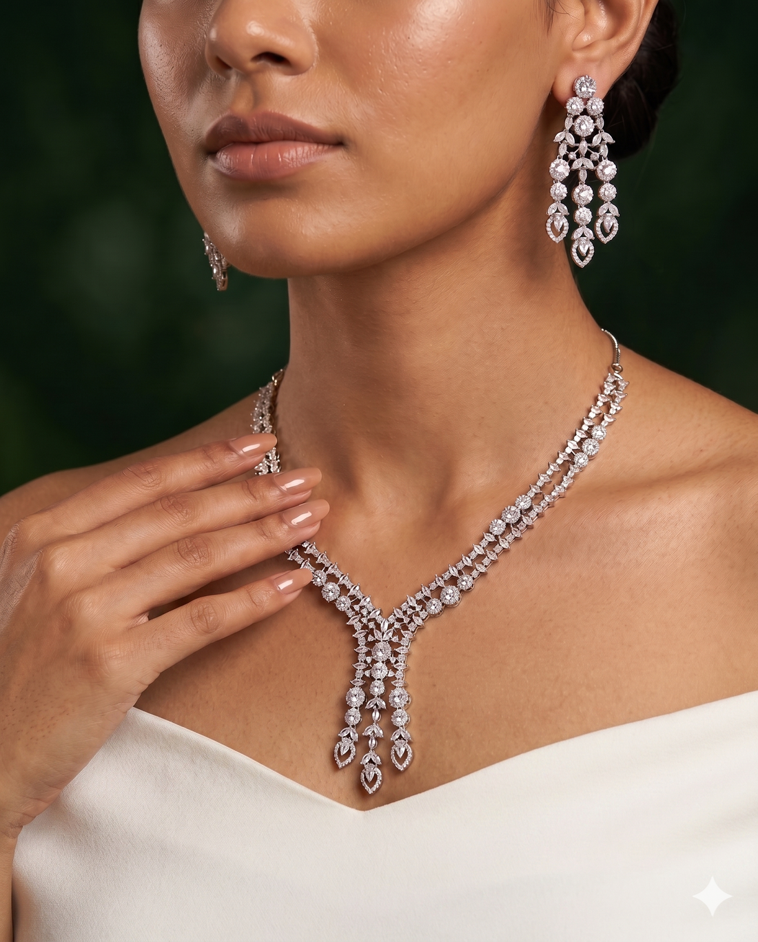 Diamond Look Drop Necklace Set with Matching Earrings – Silver Finish