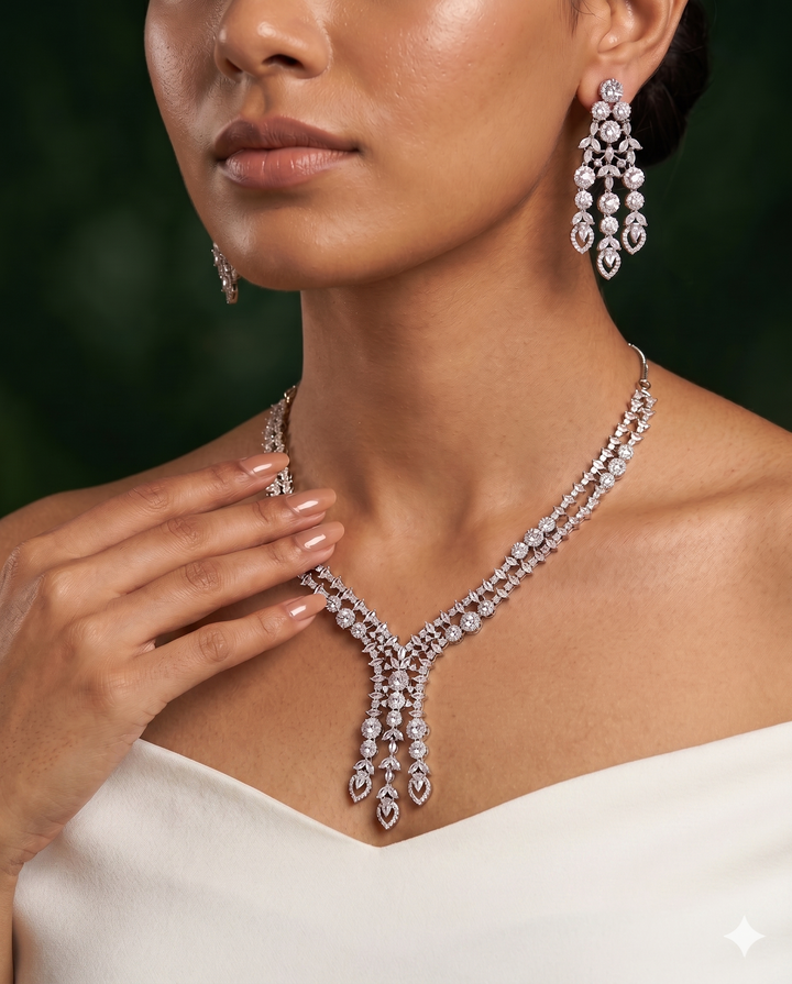 Diamond Look Drop Necklace Set with Matching Earrings – Silver Finish