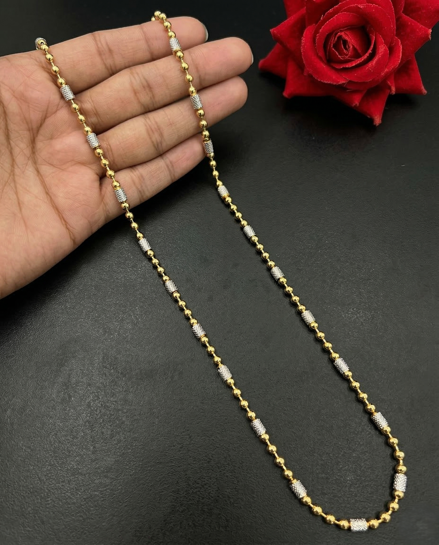 Two Tone Beaded Long Chain Necklace | Gold Ball & Silver Textured Bead Chain for Women