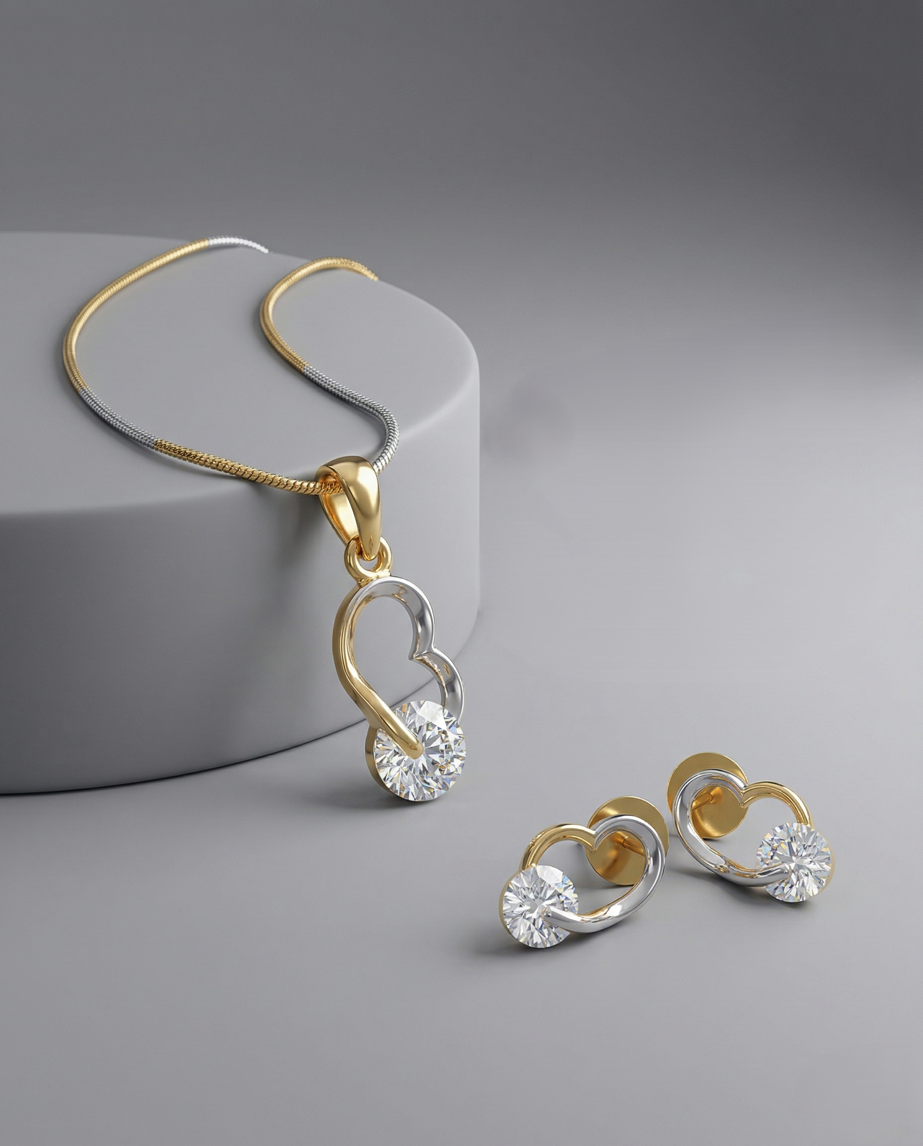 Premium Dual Tone Heart Diamond Pendant with Chain & Matching Earrings
