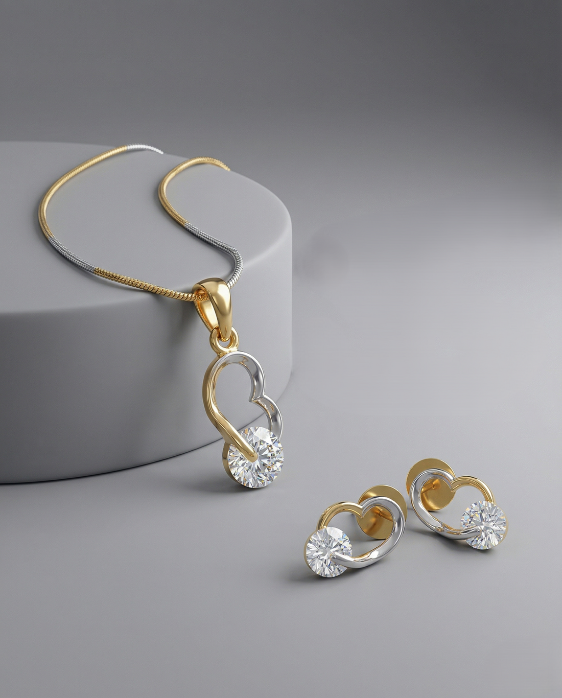 Premium Dual Tone Heart Diamond Pendant with Chain & Matching Earrings