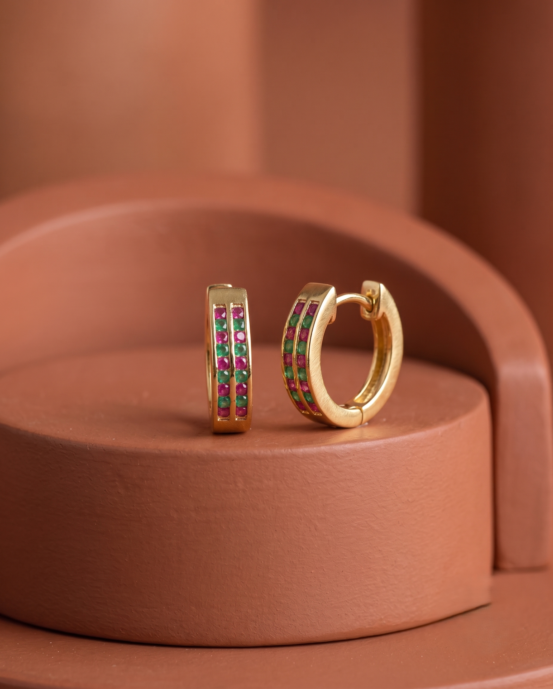 Ruby Emerald Green CZ Hoop Earrings – Gold Finish