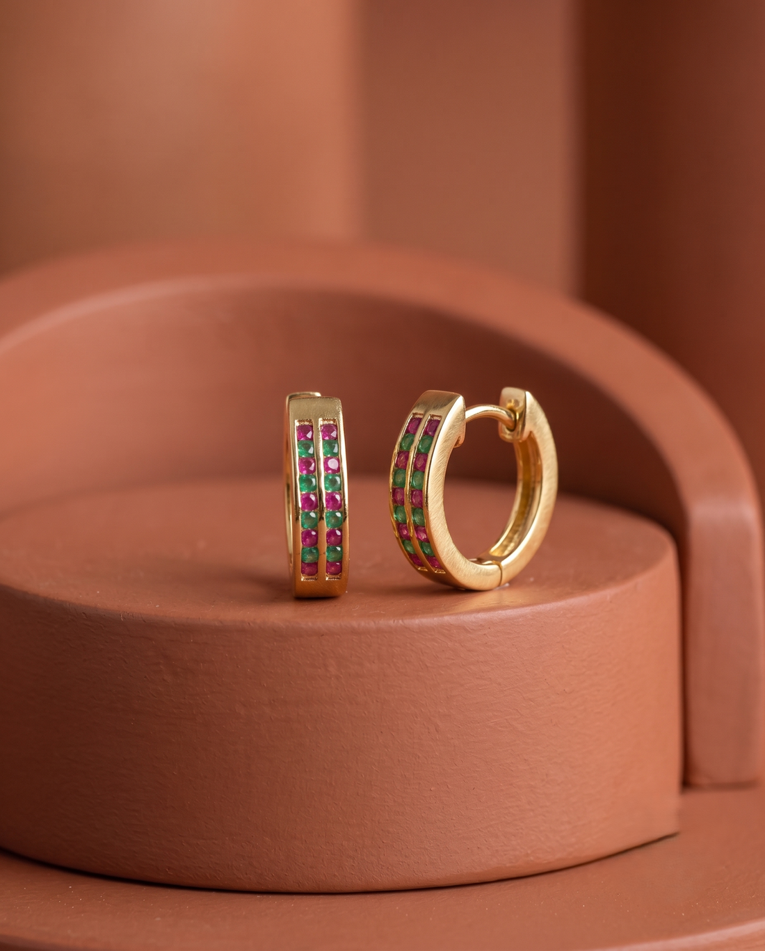 Ruby Emerald Green CZ Hoop Earrings – Gold Finish