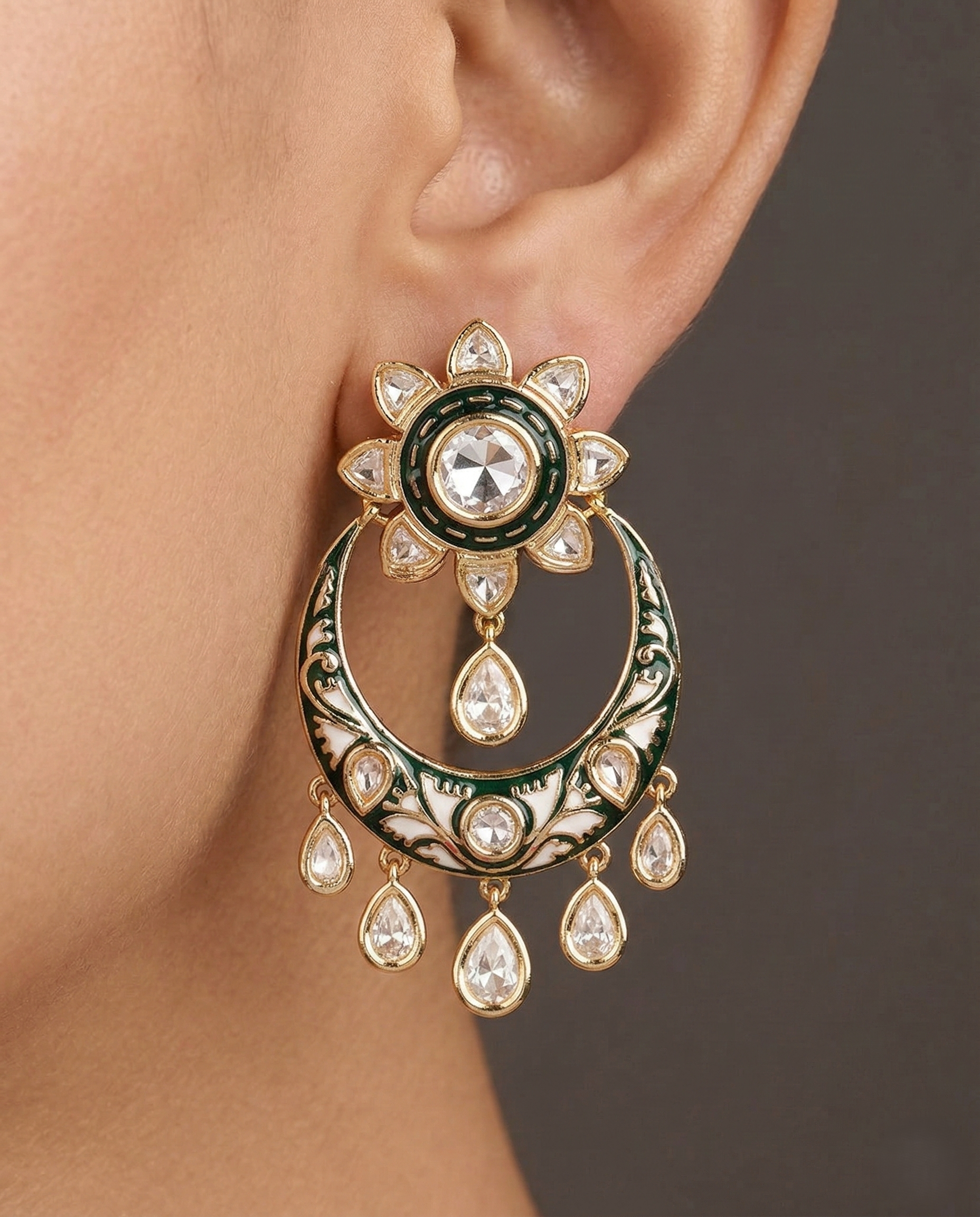 Premium Kundan Meenakari Chandbali Earrings Green Red Blue Gold Finish