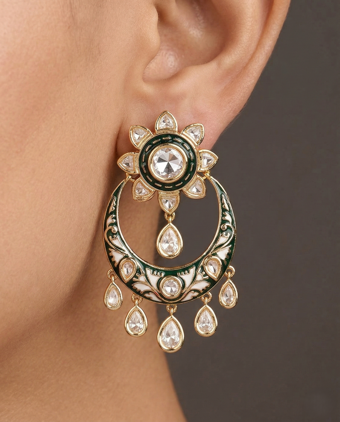 Premium Kundan Meenakari Chandbali Earrings Green Red Blue Gold Finish