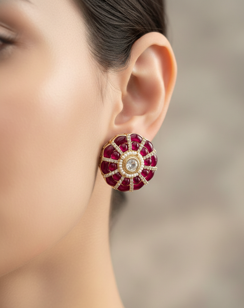 Floral Round Stud Design – Emerald Green & Ruby Red Finish