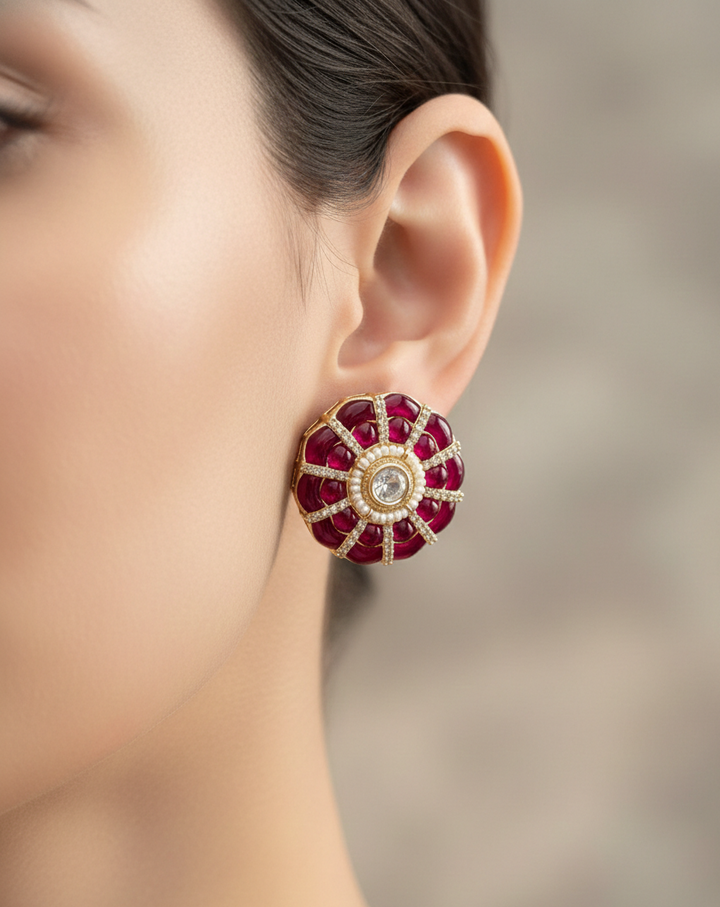 Floral Round Stud Design – Emerald Green & Ruby Red Finish