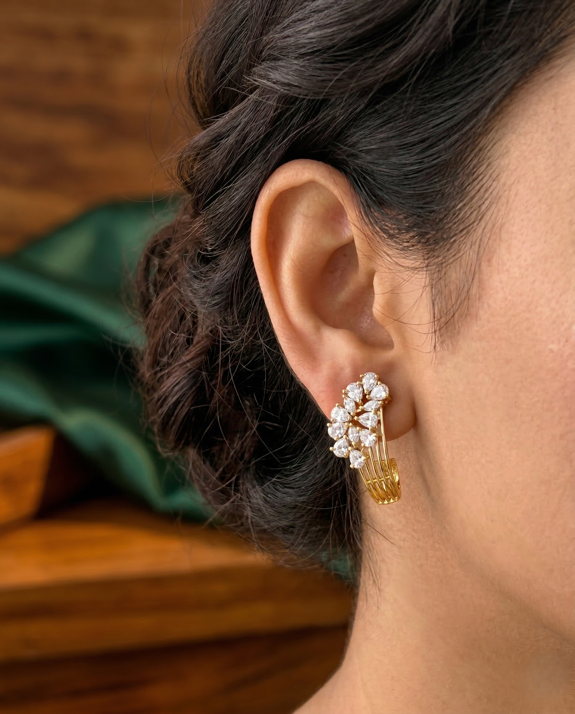 Premium Gold Plated & Silver Half Hoop Earrings With Stone Design for Women