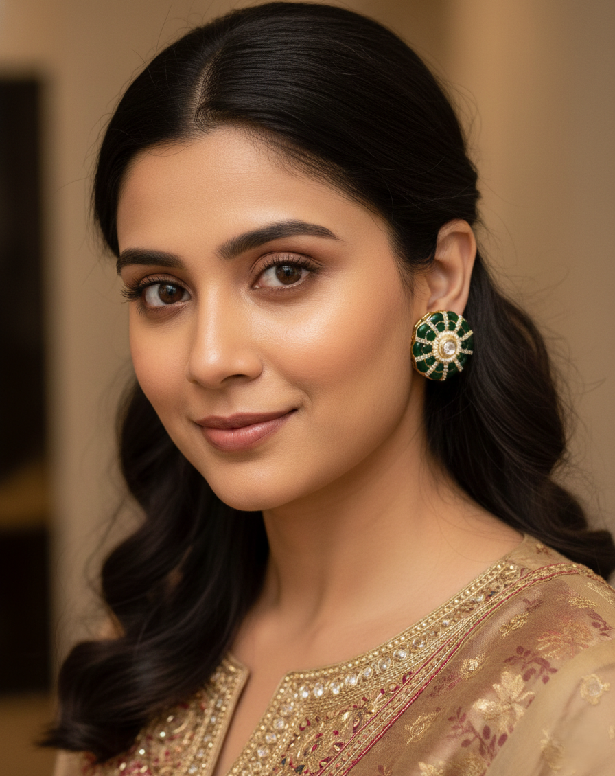 Woman wearing traditional jewelry with a blurred background
