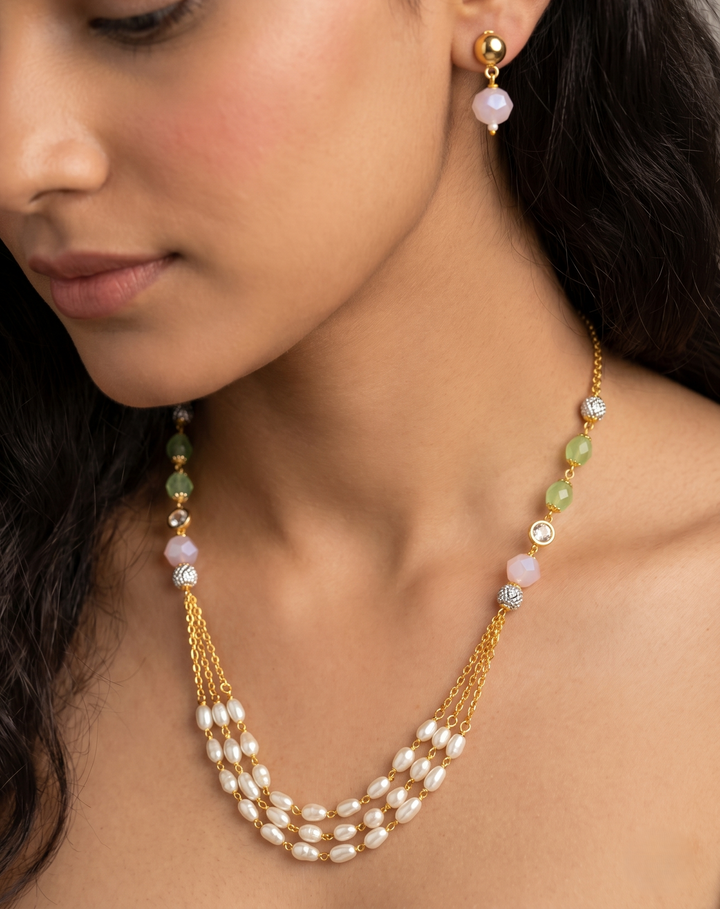 Handmade Pastel Pearl Layered Mala Necklace Set with Green Onyx, Pink Opal Crystal & CZ Accents with Matching Pink Crystal Earrings