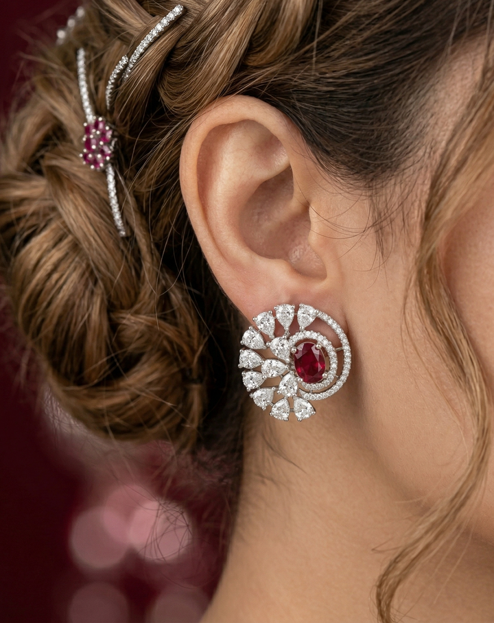 Premium Royal Spiral Bloom Earrings – White Polish Diamond Statement Design