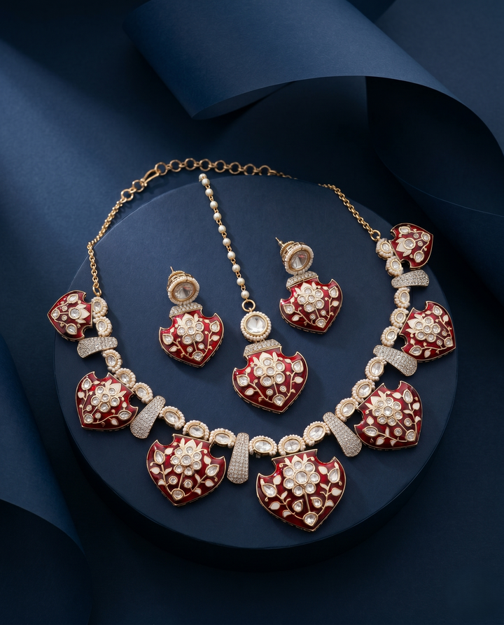 Sitara Red Meenakari Moissanite Necklace Set with Earrings