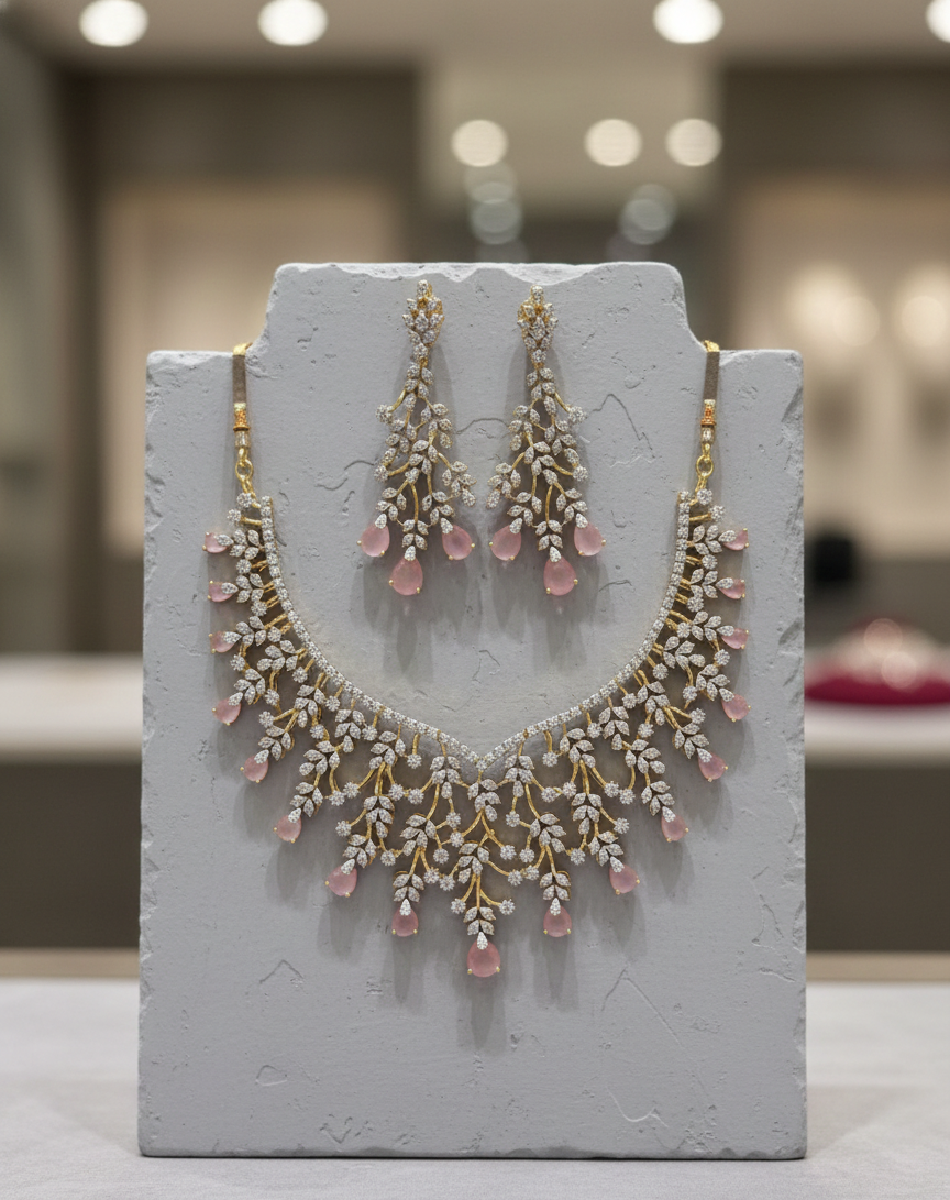 Gold Polish American Diamond Pink Stone Leaf Design Necklace Set