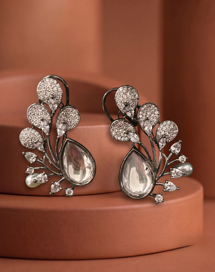 Premium Oxidised Black Designer Stone Earrings for Women with Pearl Drop