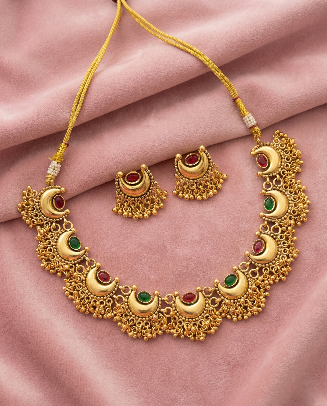 Traditional Gold Finish Crescent Necklace Set with Green & Pink Stones