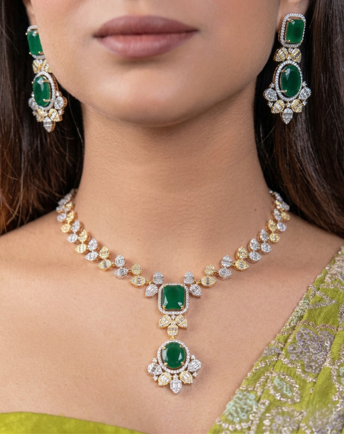 Gold Polish American Diamond Green Stone Designer Necklace Set
