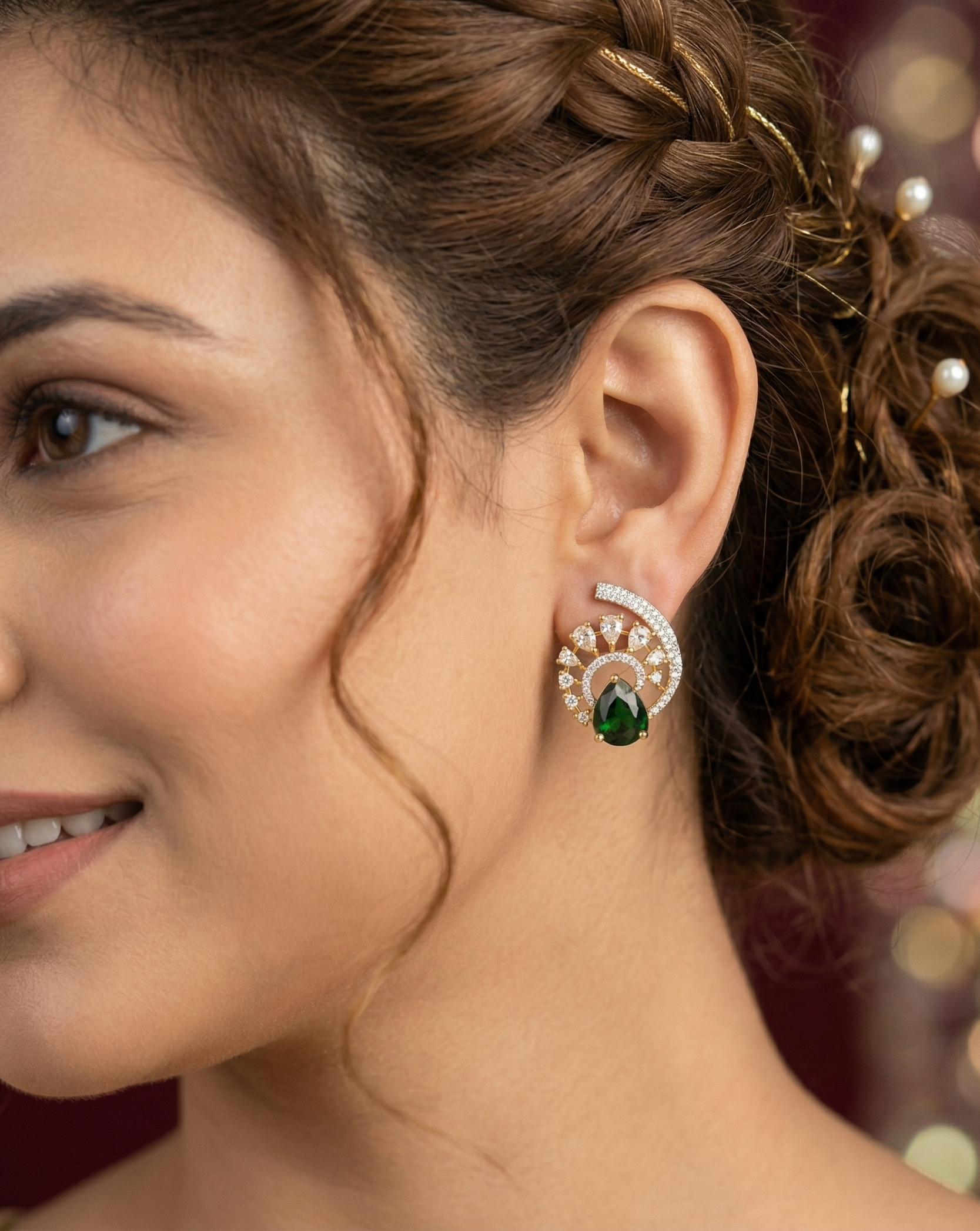 Premium Regal Spiral Drops – Gold Polish Diamond Statement Earrings