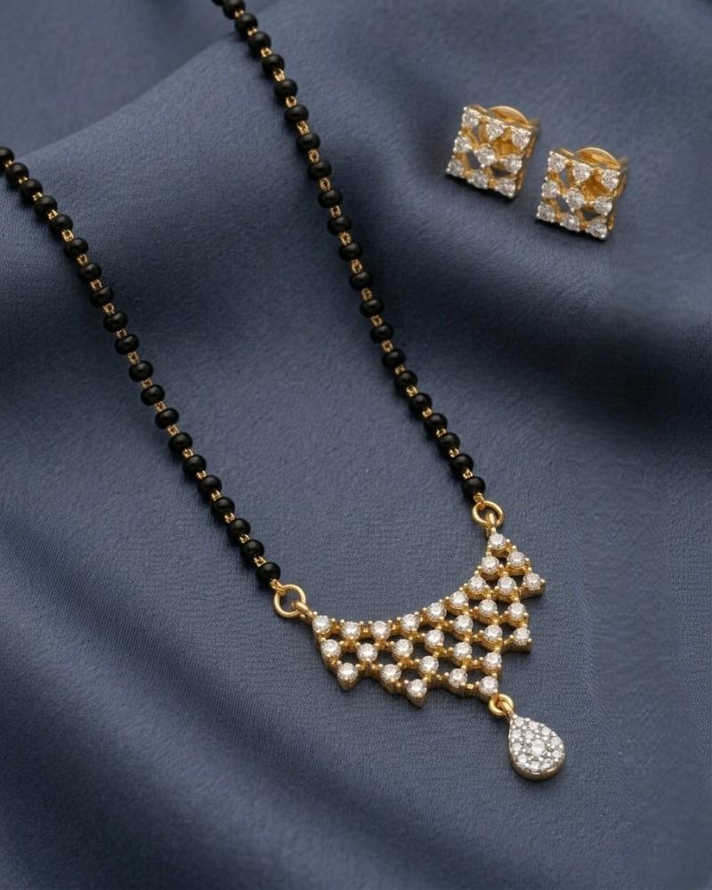 Designer Zig-Zag Diamond-Style Mangalsutra with Black Beads & Square Stud Earrings