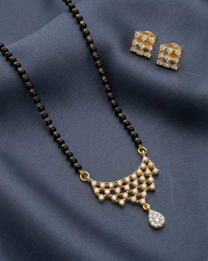 Designer Zig-Zag Diamond-Style Mangalsutra with Black Beads & Square Stud Earrings