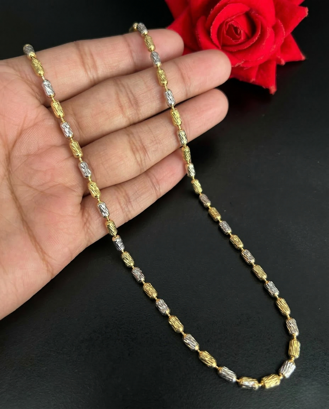 Two Tone Oval Beaded Long Chain Necklace | Gold Silver Textured Bead Chain for Women