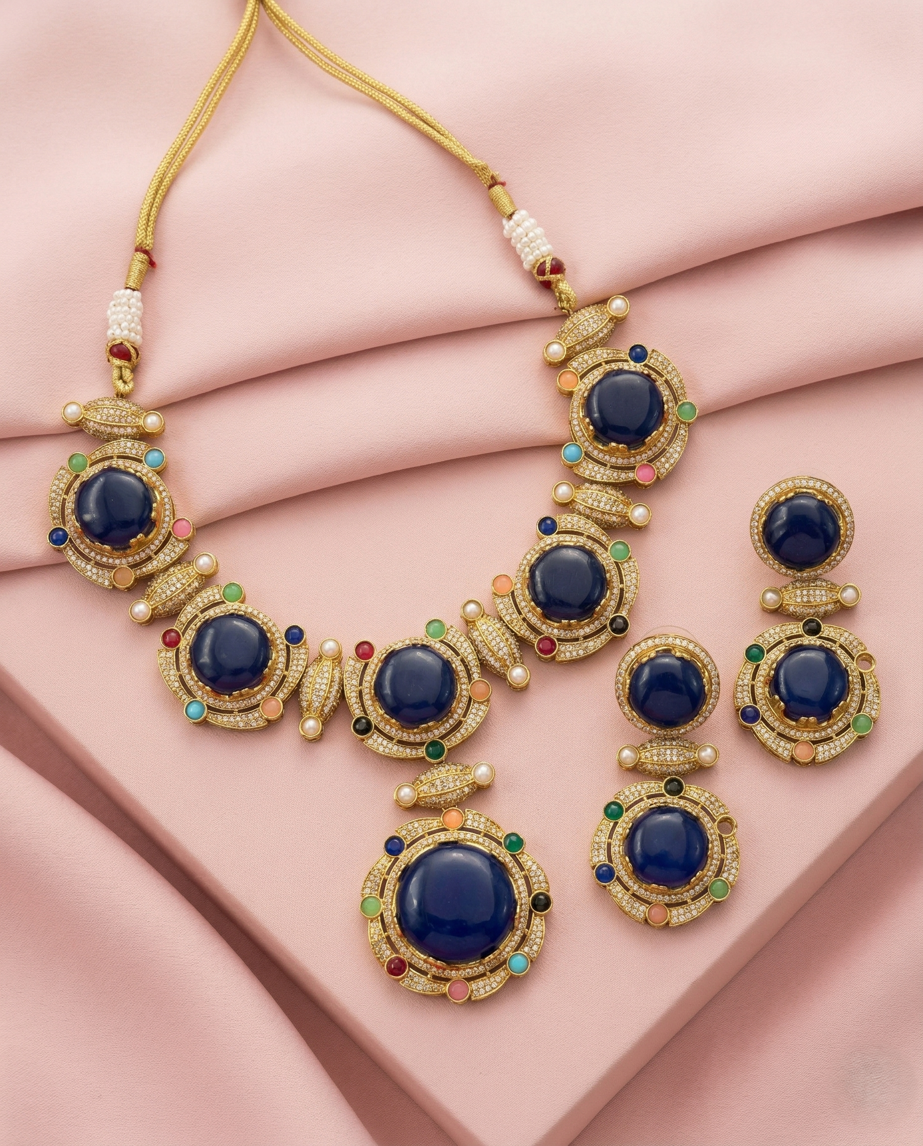 Premium Royal Blue Stone Statement Necklace Set with Multicolor Detailing and Earrings