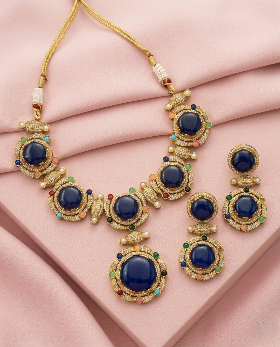 Premium Royal Blue Stone Statement Necklace Set with Multicolor Detailing and Earrings
