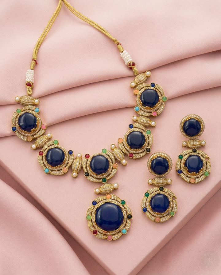 Premium Royal Blue Stone Statement Necklace Set with Multicolor Detailing and Earrings
