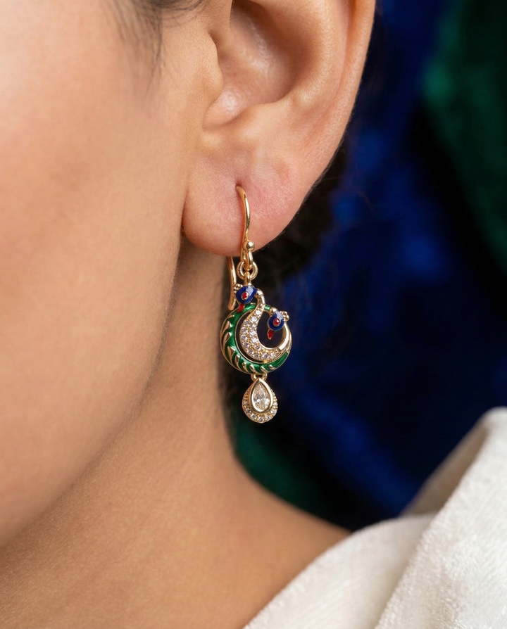Premium Kundan Peacock Drop Earrings Green Red Blue