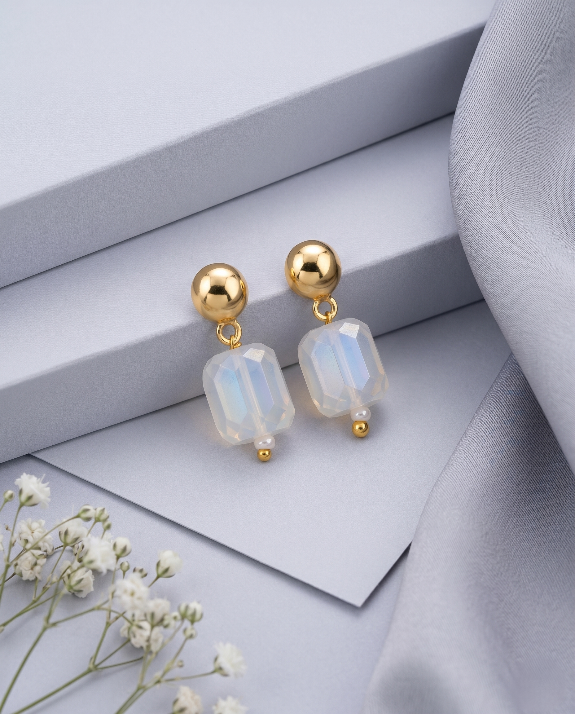 Handmade Baroque Pearl, Opal Crystal & Pastel Stone Mala Necklace Set with Matching Faceted Opal Crystal Earrings