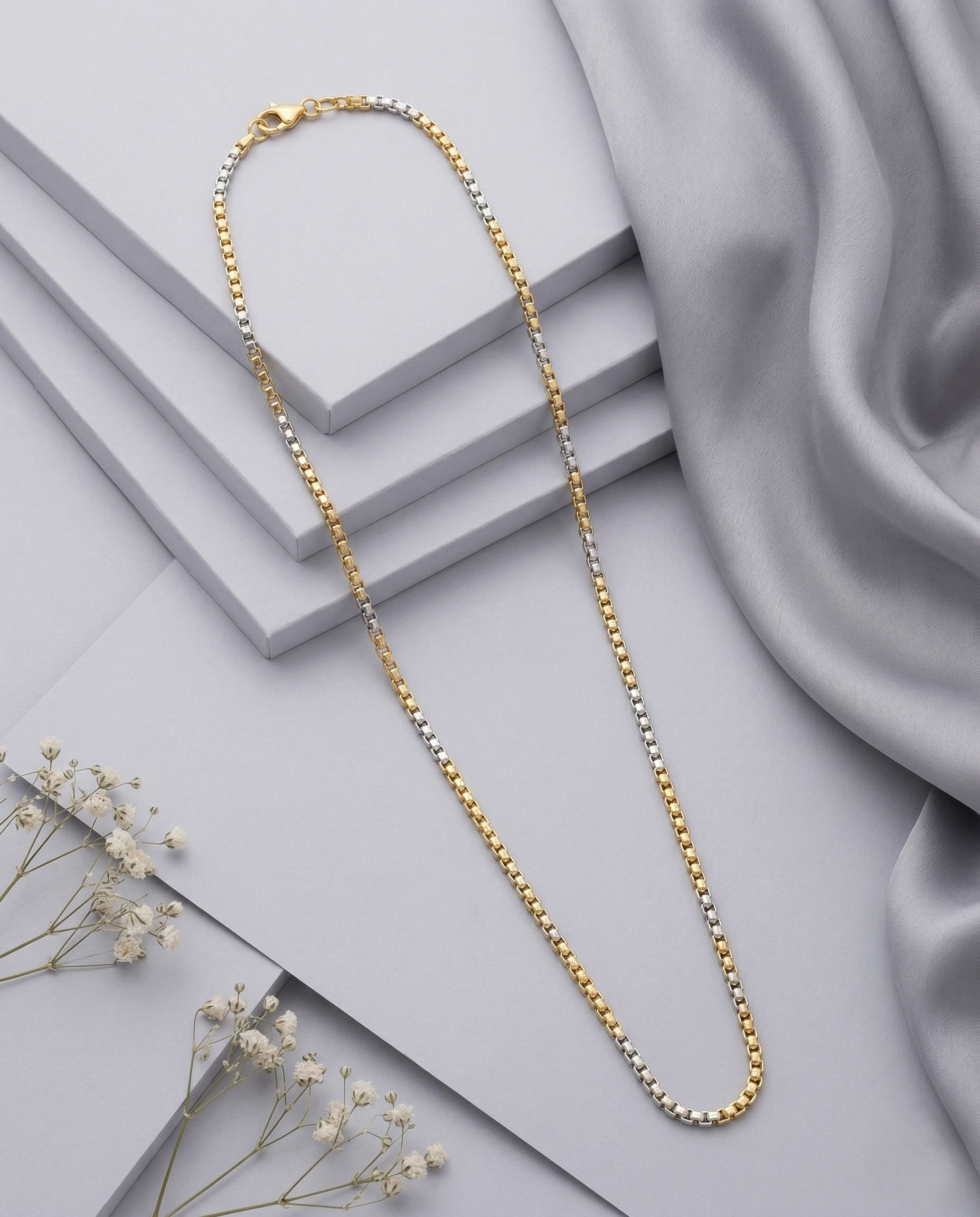 Two Tone Box Link Chain Necklace | Gold Silver Geometric Long Chain for Women