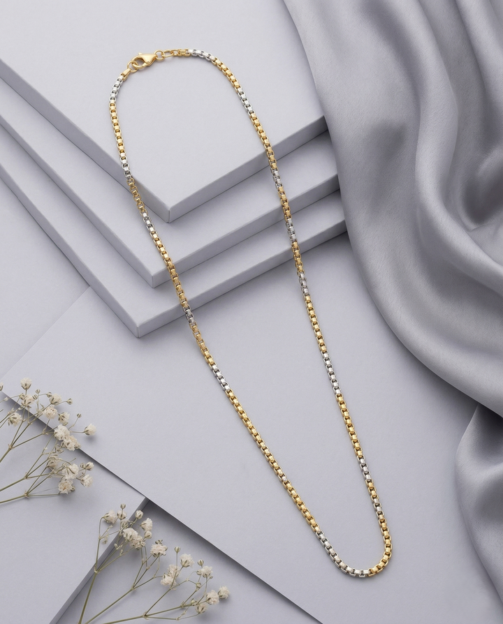 Two Tone Box Link Chain Necklace | Gold Silver Geometric Long Chain for Women