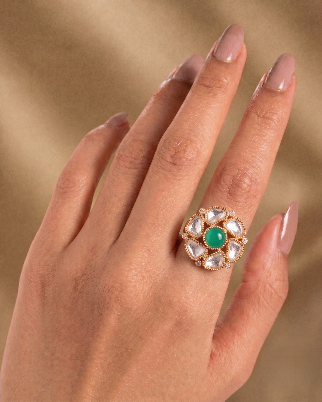 Zarika Emerald Kundan Ring for Women | Adjustable Floral Statement Ring
