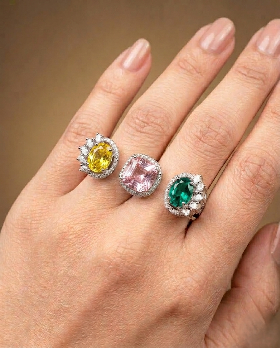Meher Luxe Stone Adjustable Ring Trio – Elegant Crystal Statement Rings