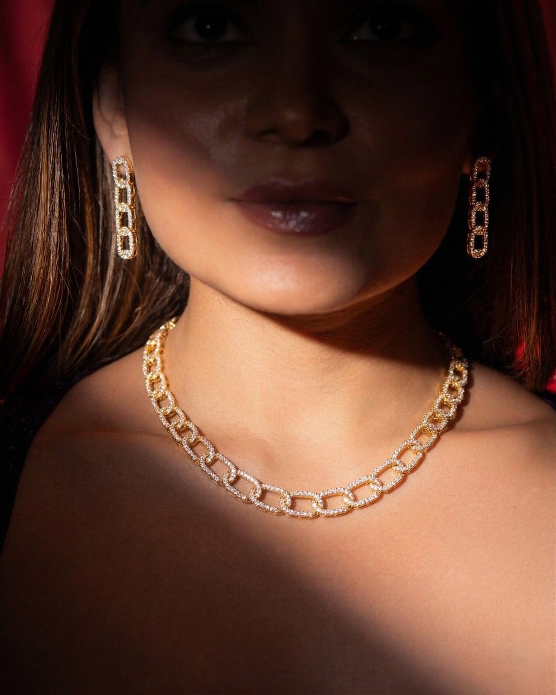 Gold Finish Linked Diamond Look Necklace Set with Drop Earrings