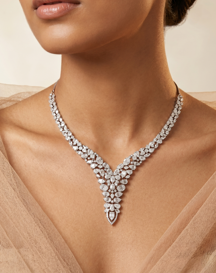 Diamond Look Geometric Drop Necklace Set with Matching Earrings – Silver Finish