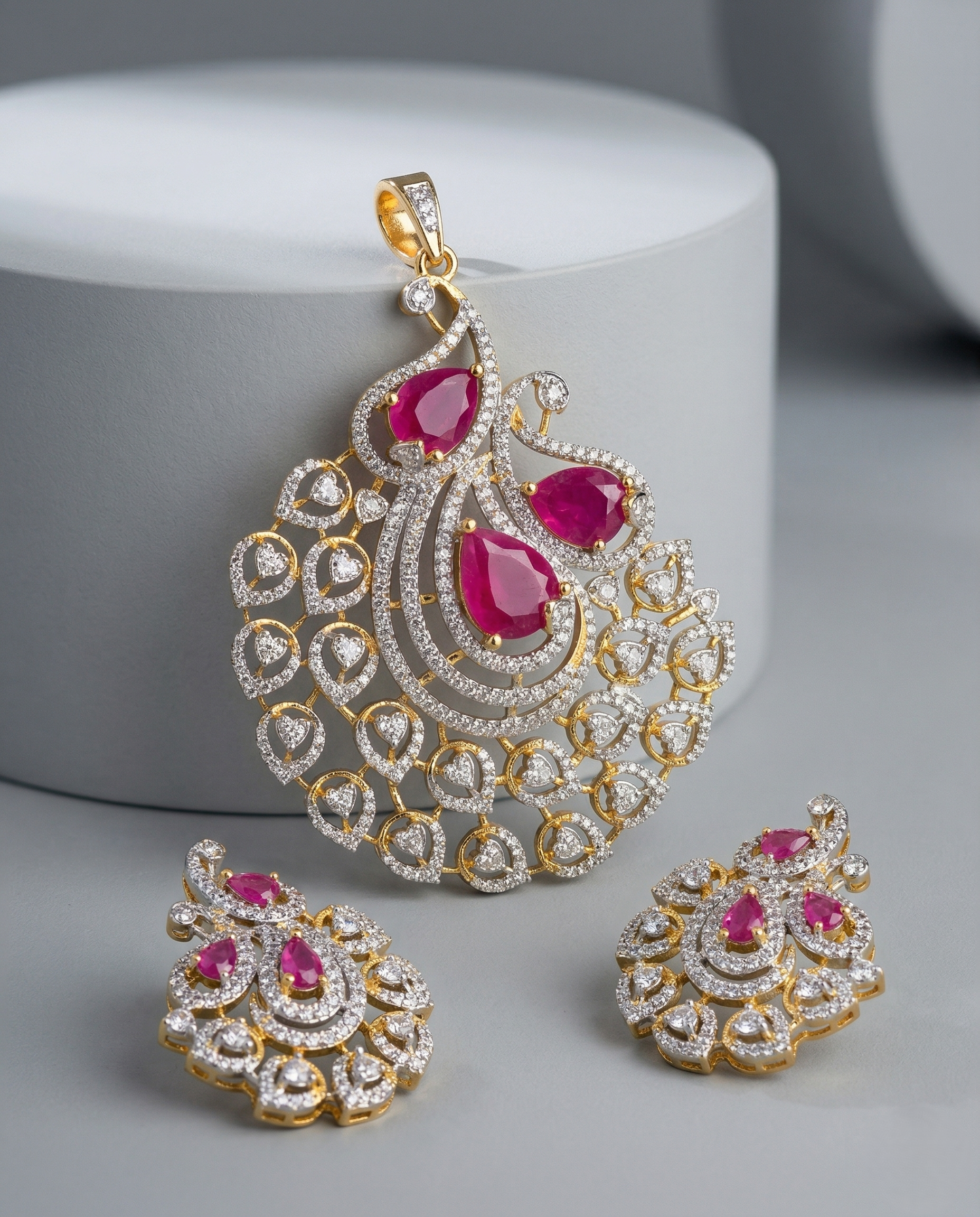 Premium Royal Teardrop Diamond Pendant Set with Ruby/Green Stones Variants