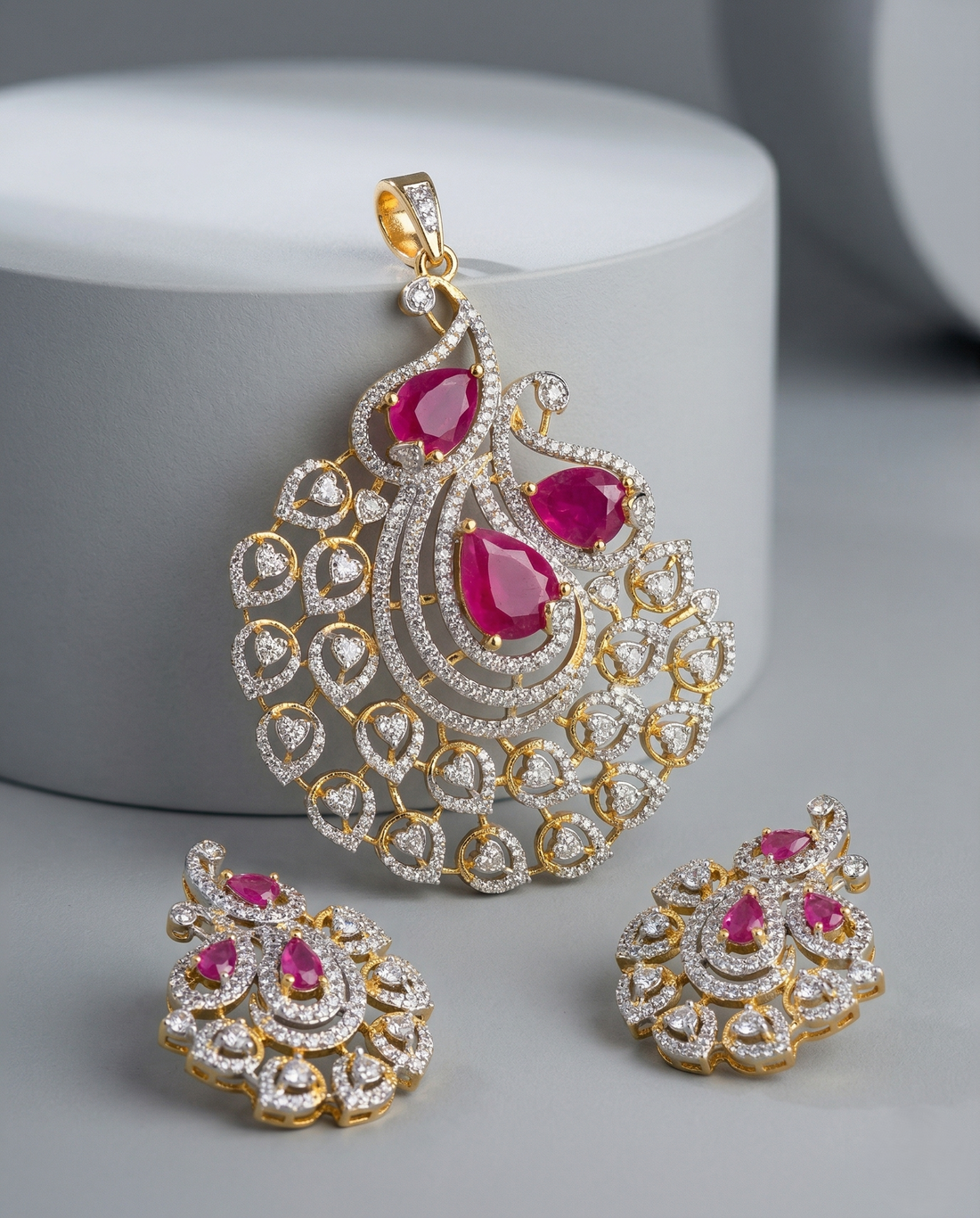 Premium Royal Teardrop Diamond Pendant Set with Ruby/Green Stones Variants