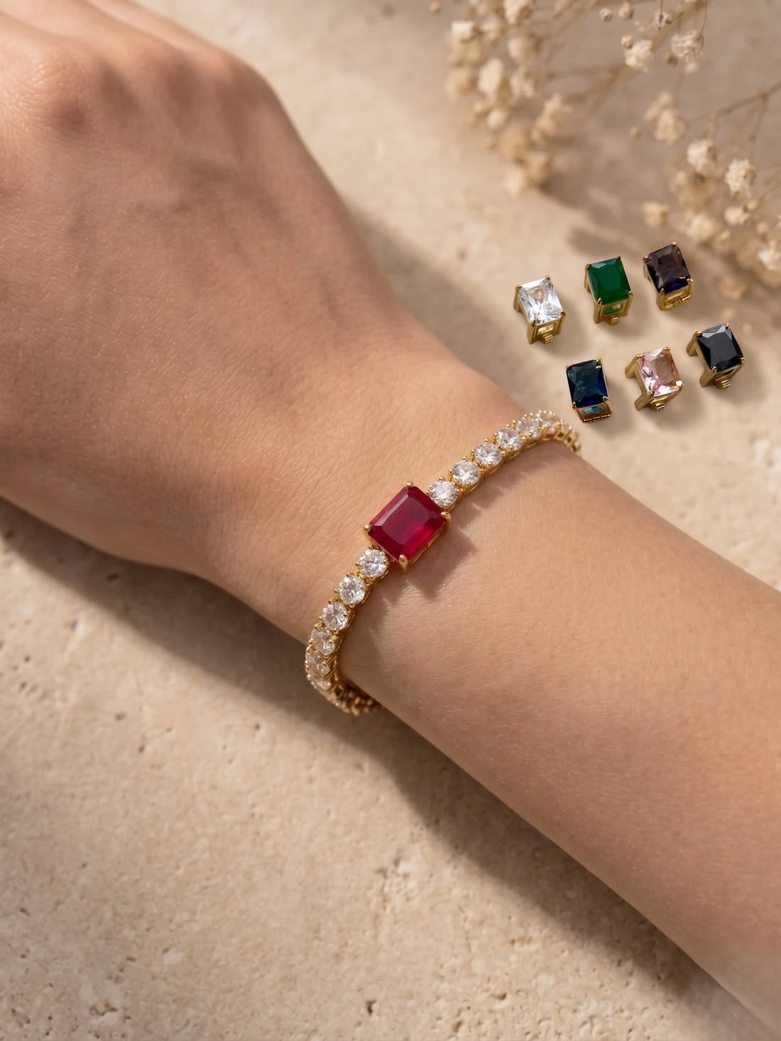 Aarohi Interchangeable CZ Tennis Bracelet with Changeable Gemstone Charms
