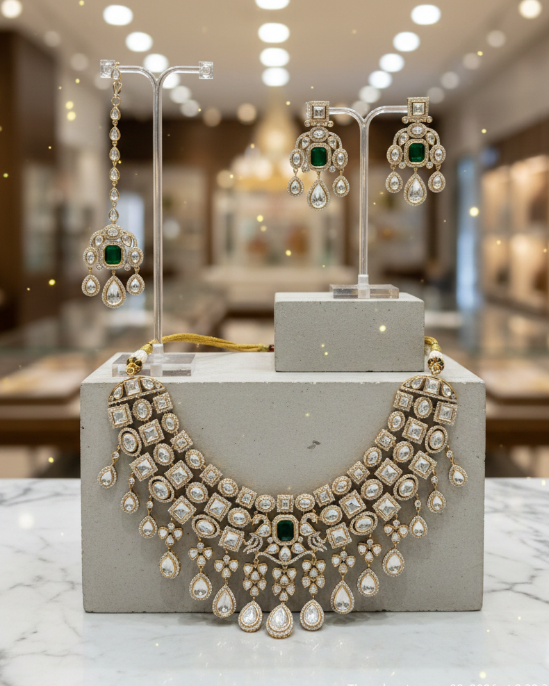 Emerald Green & White Polki Bridal Necklace Set with Earrings & Maang Tikka – Gold Finish