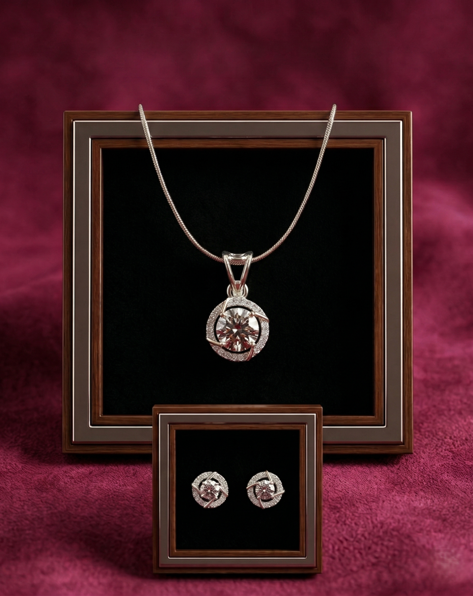 Premium Solitaire Sparkle Pendant Set with Chain & Earrings (Gold / Silver Finish)