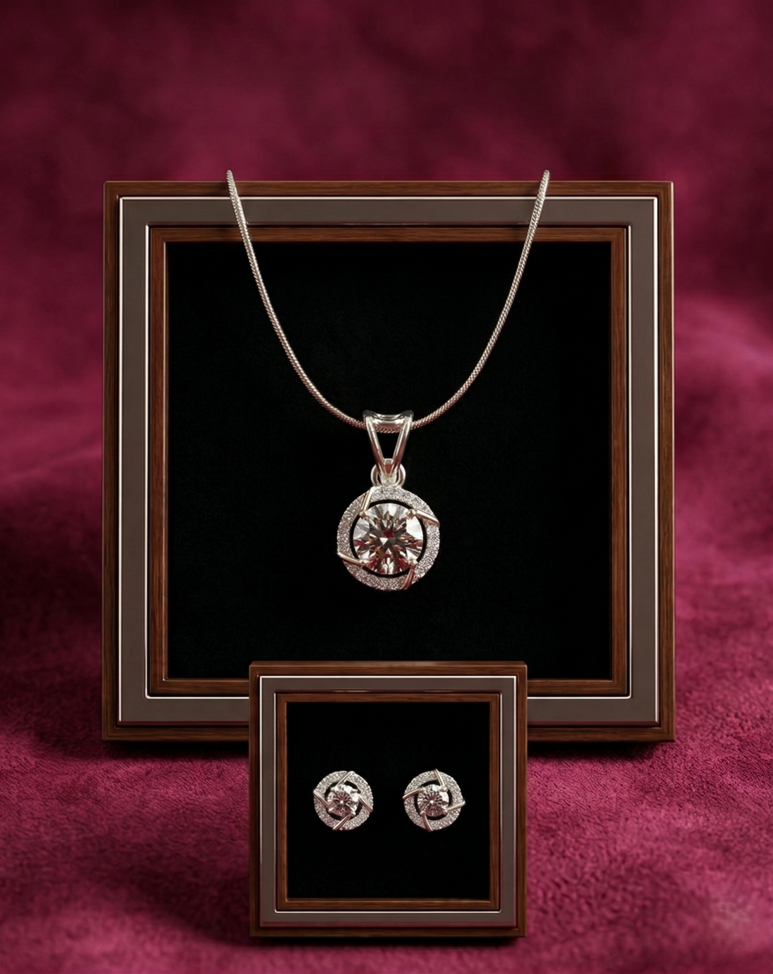 Premium Solitaire Sparkle Pendant Set with Chain & Earrings (Gold / Silver Finish)