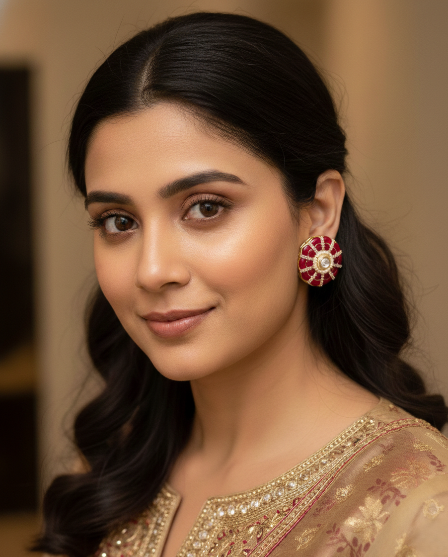 Woman wearing a traditional outfit with intricate jewelry, smiling.