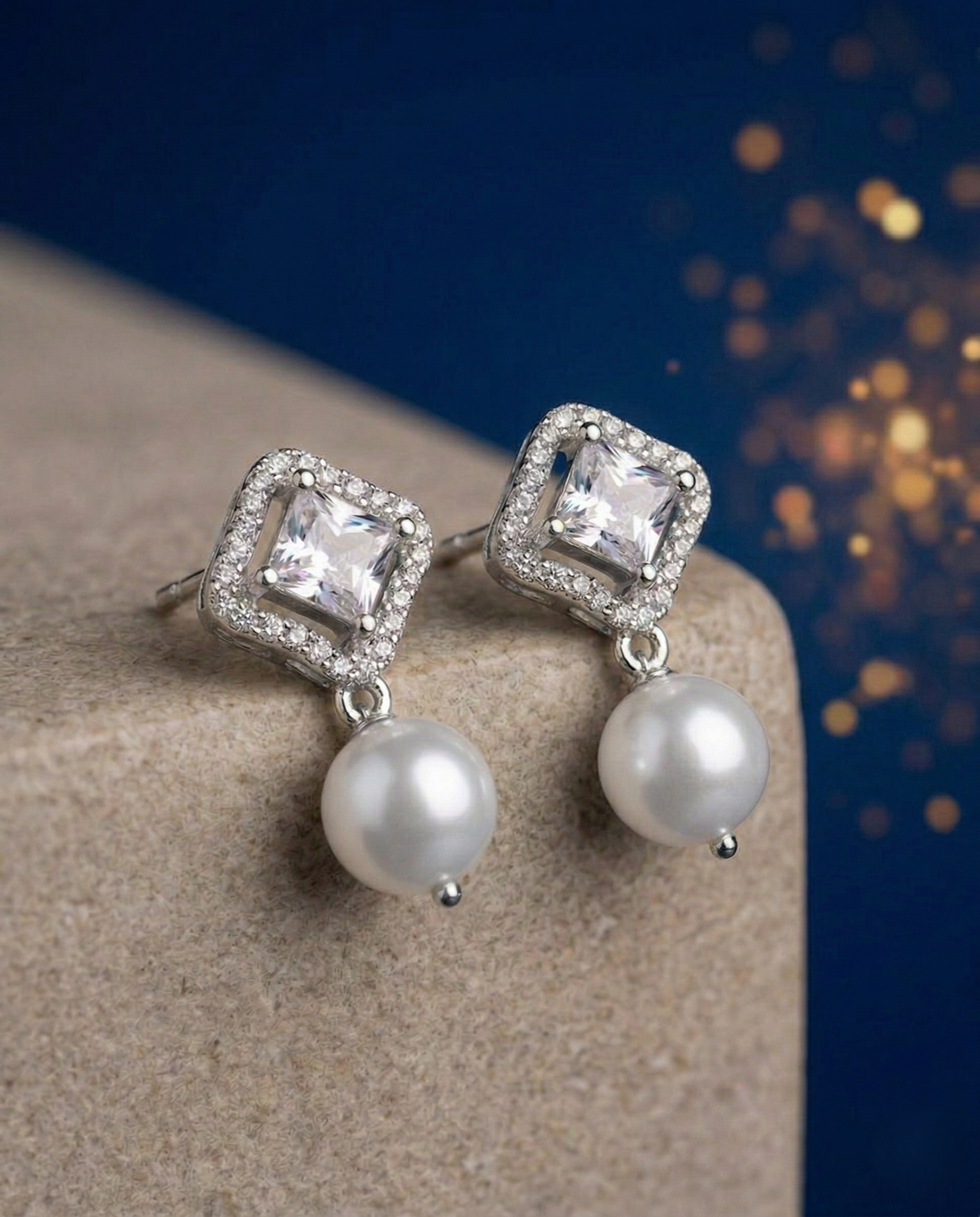 Premium Pearl Drop Diamond Earrings for Women | Princess Cut Stone Gold Polish Elegant Earrings