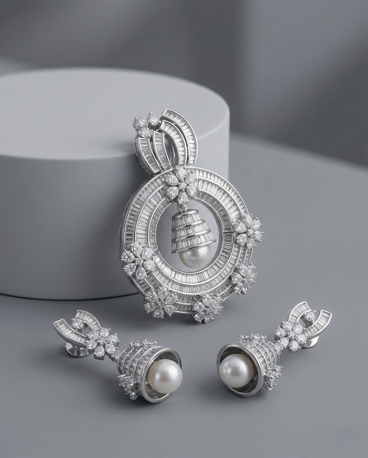 Diamond Look Circular Pearl Pendant Set with Earrings | Premium Imitation Jewellery