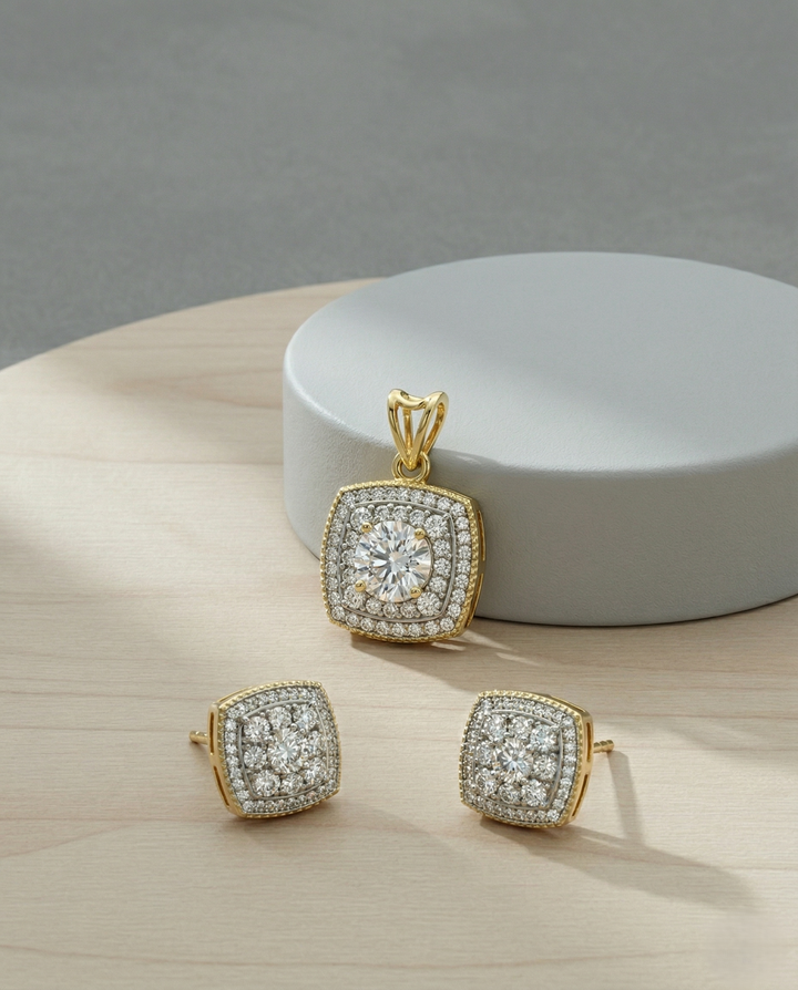 Premium Radiant Square Crystal Pendant Set in Gold Plated Finish