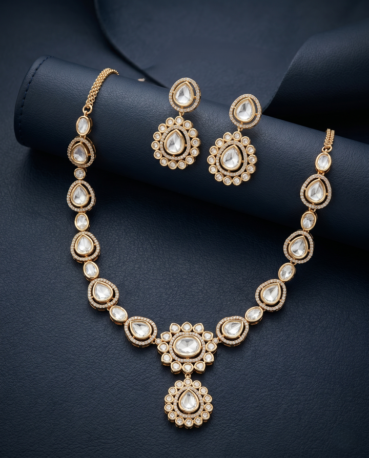 Royal Kundan Polki Necklace Set with Earrings – Gold Finish Statement Jewellery
